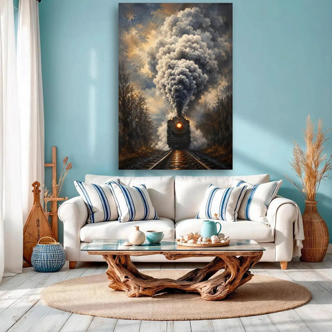 Steam Train On Tracks Canvas Wall Art For Living Room Or Office Decor Ready To Hang Framed 12 By 18 Inch With Dramatic Smoky Locomotive Painting And Vintage Railway Charm For A Retro Vibe