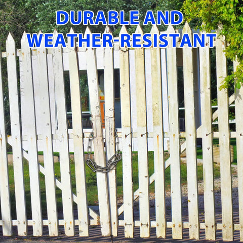 Tough As Nails Heavy Duty Gate Chain Lock With Carabiners For Fences And Barn Doors shown on a wooden gate, 20 Inch Stainless Steel Chain.