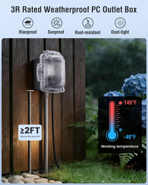 1-Gang Outdoor GFCI Outlet Kit With Weatherproof Cover And Junction Box mounted on an exterior wall