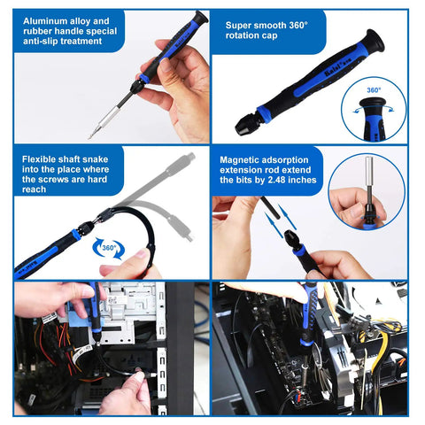 Person using 136 In 1 Electronics Repair Tool Kit with magnetic drive bits and flexible extension shaft for DIY tech fixes.