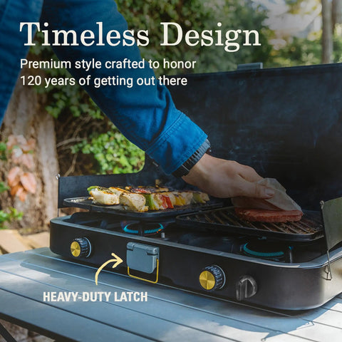 Using 3 In 1 Propane Camping Stove With Cast Iron Grill And Griddle, 24,000 BTU Dual Adjustable Burners outdoors with heavy duty latch.