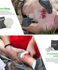 IFAK trauma first aid kit components in deep green: chest seal, hemostatic gauze, 6-inch Israeli bandages, adhesive bandages