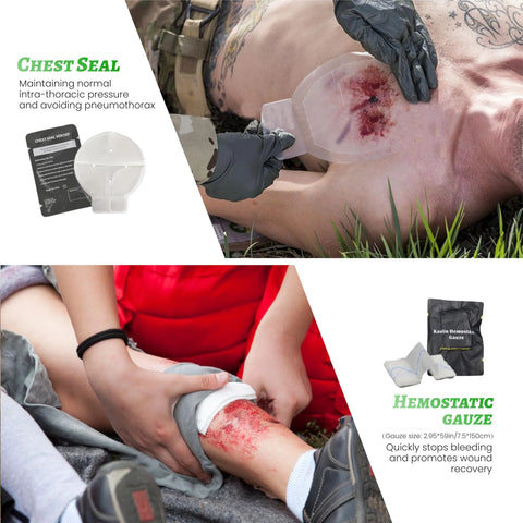 IFAK trauma first aid kit components in deep green: chest seal, hemostatic gauze, 6-inch Israeli bandages, adhesive bandages