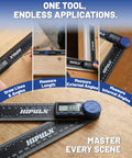 Dead On Digital Angle Finder Protractor With LCD Display For Woodworking And Home Renovation Projects Boasting Hella Precise 0 To 360 Degree Measurements Plus Built In 7 Inch Tape Measure And Dual Battery Power measuring angles on wood.