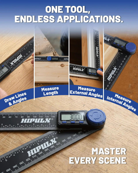 Dead On Digital Angle Finder Protractor With LCD Display For Woodworking And Home Renovation Projects Boasting Hella Precise 0 To 360 Degree Measurements Plus Built In 7 Inch Tape Measure And Dual Battery Power measuring angles on wood.