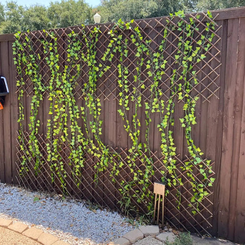 Expandable Willow Garden Trellis Plant Support Lattice Fence Panel installed on a wooden fence supporting climbing plants.