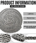 20 Ft #41 Roller Chain With 2 Links Heavy Duty Corrosion Resistant Interchangeable Replacement For Driven Slide Gate Operator And Conveyor System Reliable Performance For Outdoor Use, showing specifications and structure.