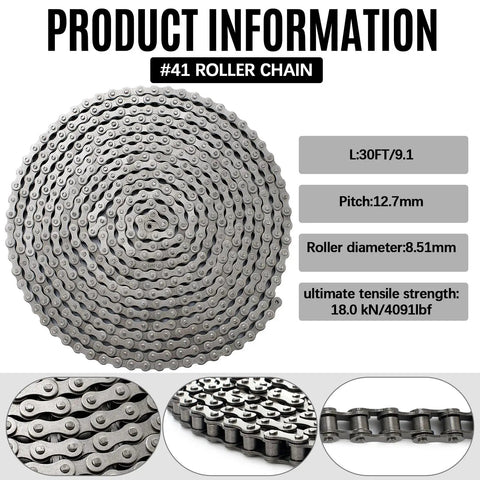 20 Ft #41 Roller Chain With 2 Links Heavy Duty Corrosion Resistant Interchangeable Replacement For Driven Slide Gate Operator And Conveyor System Reliable Performance For Outdoor Use, showing specifications and structure.