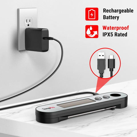 Rechargeable Instant Read Meat Thermometer With Dual Temperature Display And Alarm, Stainless Steel Digital Probe Thermometer showing charging setup.