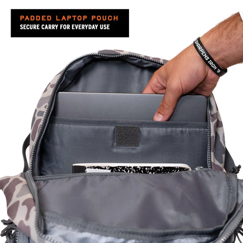 Deer Camo Backpack For School And Everyday Outdoor Adventures 25L Capacity with open compartment showing padded laptop pouch