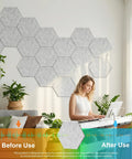Flex Ready Hexagon Acoustic Panels 12 Pack Self Adhesive Sound Deadening Foam Wall Tiles on a wall with a woman playing keyboard.