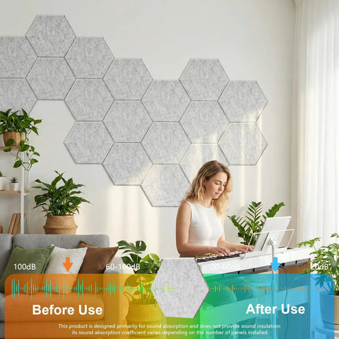 Flex Ready Hexagon Acoustic Panels 12 Pack Self Adhesive Sound Deadening Foam Wall Tiles on a wall with a woman playing keyboard.
