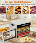 Top Shelf Electric Food Dehydrator Delivering Hella Steady Airflow For Smooth Jerky Fruit Vegetable Herb Drying And Long Lasting Storage With Massive Stainless Steel Trays with various dehydrated snacks.