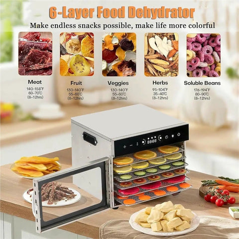 Top Shelf Electric Food Dehydrator Delivering Hella Steady Airflow For Smooth Jerky Fruit Vegetable Herb Drying And Long Lasting Storage With Massive Stainless Steel Trays with various dehydrated snacks.