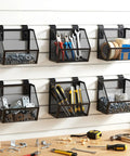 Six Piece Slatwall Bin Set With Metal Hooks, mesh slatwall mounted storage organizer in craft room with tools and accessories.