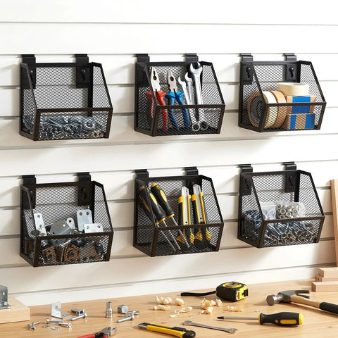 Six Piece Slatwall Bin Set With Metal Hooks, mesh slatwall mounted storage organizer in craft room with tools and accessories.