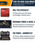 Infographic showing three Albo impact sets: Roll Pin Specialist, Mechanic Punch & Chisel Set, and Pin Punch + Hammer Kit.