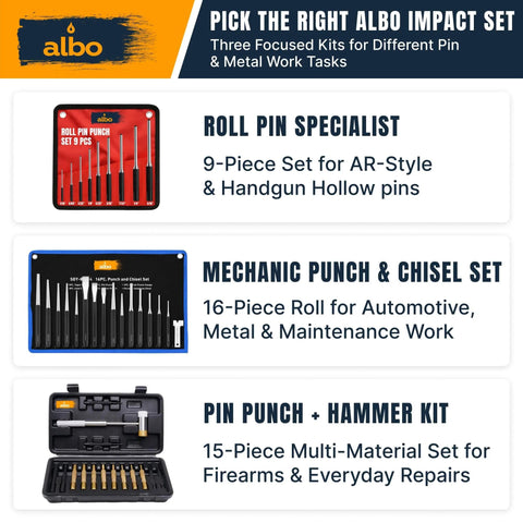 Infographic showing three Albo impact sets: Roll Pin Specialist, Mechanic Punch & Chisel Set, and Pin Punch + Hammer Kit.