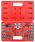 Tap and die set in red case, 40-piece metric M3-M12 with handles and accessories.