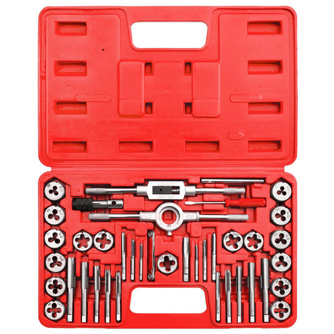 Tap and die set in red case, 40-piece metric M3-M12 with handles and accessories.