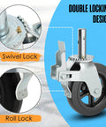 Heavy Duty Scaffolding Wheels With Swivel Stem Mount And Dual Lock Brakes for 8-inch non marking rubber casters close-up of locking mechanism.