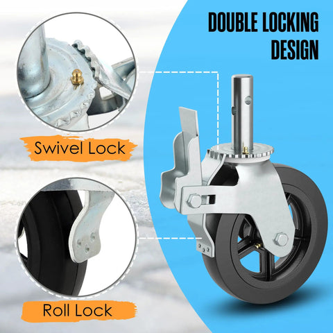 Heavy Duty Scaffolding Wheels With Swivel Stem Mount And Dual Lock Brakes for 8-inch non marking rubber casters close-up of locking mechanism.