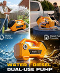Heavy Duty Cordless Water Transfer Pump With Zero Fuss Brushless Motor Delivers 760 Gph For No Sweat Diesel Or Clean Water Moves Self Priming Utility Rig Compatible With Dewalt 20V Battery Sold As Tool Only, shown transferring water and diesel.