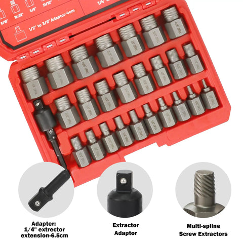 27 Piece Screw Extractor Set With Hex Head And Multi Spline Easy Out Kit for Three Eighths Inch Drive in red case