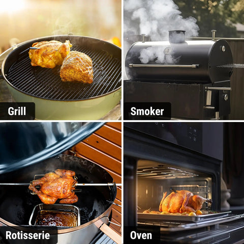 Cooking with upgraded wireless meat thermometer on grill, smoker, rotisserie, and oven. Bluetooth BBQ thermometer with 500ft range.