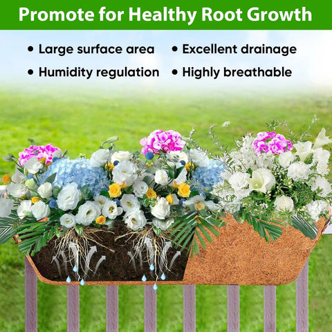 Cutaway view of a Three Pack 24 Inch Balcony Planter Boxes For Railing And Window Boxes, Dope Outdoor Fence Planters Hanging, Weatherproof Window Boxes Set For Patio Porch Garden And Yard showing flowers and drainage design.