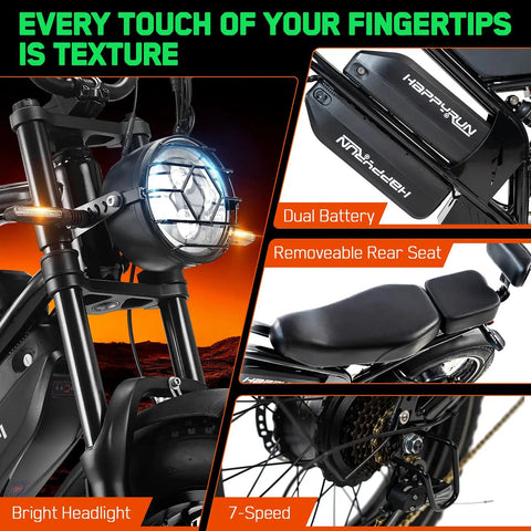 G70 Pro Electric Bike With Dual 2500W Motors 5000W Peak Output Delivers 36 MPH Top Speed And Up To 85 Mile Range On All Terrain 20 Inch Fat Tire Off Road Beast Ready For Adventure close-up of headlight, dual battery, rear seat, and 7-speed gear