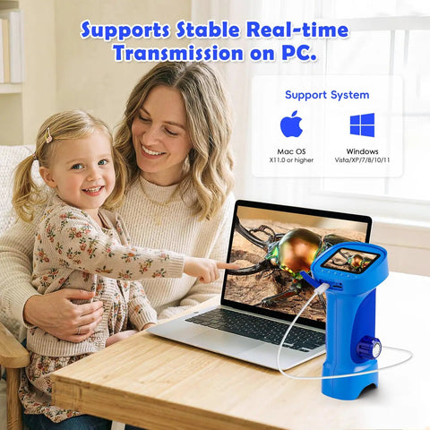 Kids 1000X Handheld Digital Microscope With 2.4 Inch HD Screen And 2MP Lens Portable Pocket Science Toy For STEM Fun And Nature Exploration Perfect Gift For Ages 3 To 12 Boys And Girls, blue handheld microscope on laptop