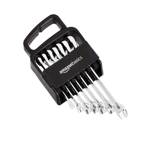 Kickass Metric Ratcheting Combination Wrench Set, 7-Piece from 8mm to 17mm, displayed with quick-release feature and chrome finish