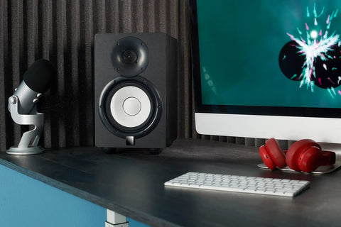 Home studio setup with speaker using 1.8 Inch Isolation Feet For 6 To 8 Inch Speakers, 8 Pack With Adhesive Hemisphere Bumpers.
