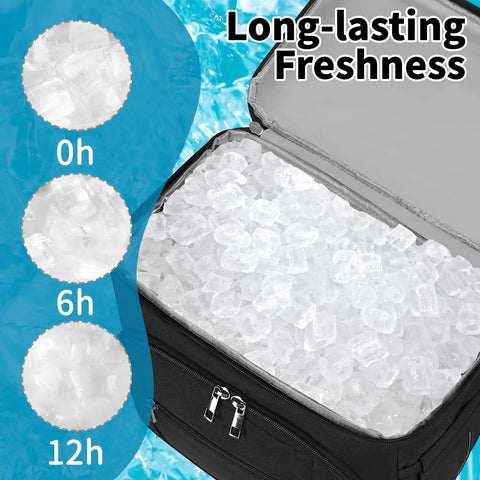 Insulated Cooler Backpack With Leakproof Dual Deck Design For Men And Women RFID Lunch Backpack open showing ice inside.