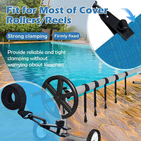 Heavy Duty Pool Solar Cover Reel Clips And Straps Kit Featuring Micro Serrated Teeth For Dead Simple Setup And Rock Solid Grip On Large Underground Swimming Pools 24 Piece Set with strong clamping system by the pool.