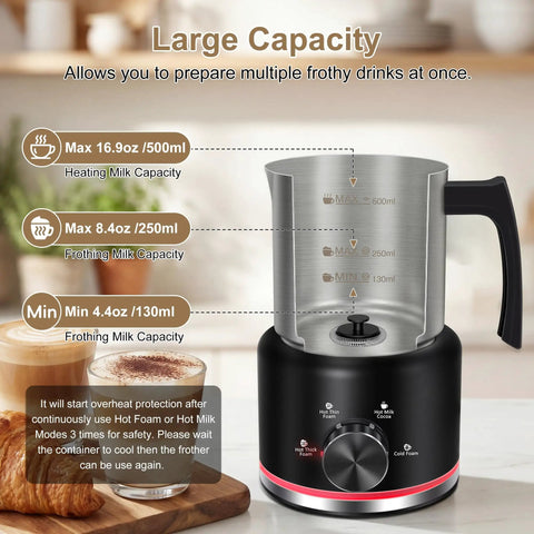 Electric Milk Frother And Steamer 16.9 Oz Four In One Silent And Durable Dishwasher Safe Foam Maker with capacity markers