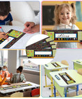 Classroom Desk Nameplates 40 Pack Waterproof Kid Friendly Student Labels With Multiplication Fractions And Percentages Table Black Style Durable 13.8X4 Inch Size For Easy Organization shown on desks and held by students