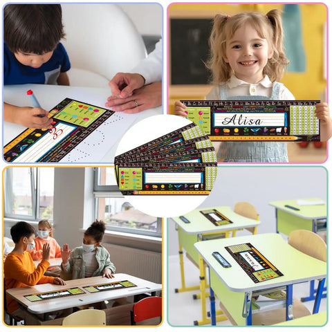 Classroom Desk Nameplates 40 Pack Waterproof Kid Friendly Student Labels With Multiplication Fractions And Percentages Table Black Style Durable 13.8X4 Inch Size For Easy Organization shown on desks and held by students