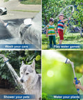 16-Inch Aluminum Watering Wand With 180-Degree Rotating Head, 9 Spray Patterns being used on car, garden, pet, and plants
