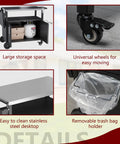 Outdoor Grill Cart With Large Storage And Foldable Stainless Steel Top Wheels And Towel Rack Bottle Opener Trash Rack 6 S Hooks Portable Bar Table And Pizza Oven Table For Patio Kitchen Island Bbq Black with features like storage, wheels, and trash bag holder.