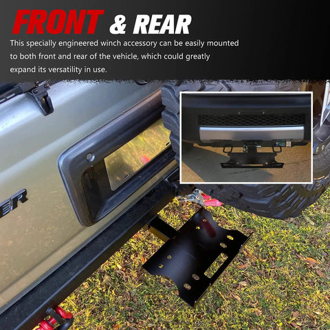 Universal 2 Inch Receiver Winch Mount Plate for ATV UTV truck and trailer hitch installed at front and rear of vehicle