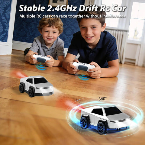 Two kids playing indoors with Cyber Inspired Remote Control Car With 360 Drift Spray Lights And Sound Effects, Rad Two Point Four GHz RC Truck.
