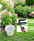 Cordless Garden Sprayer Wand With Telescopic 32 Inch Reach in use on garden, showing spray pattern and battery indicator