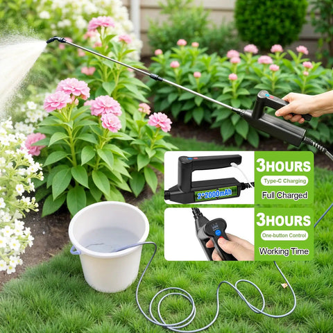 Cordless Garden Sprayer Wand With Telescopic 32 Inch Reach in use on garden, showing spray pattern and battery indicator