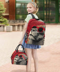Child carrying Lion Sunglass Backpack With Insulated Cooler Lunch Box, features lion design with sunglasses, outdoor setting.