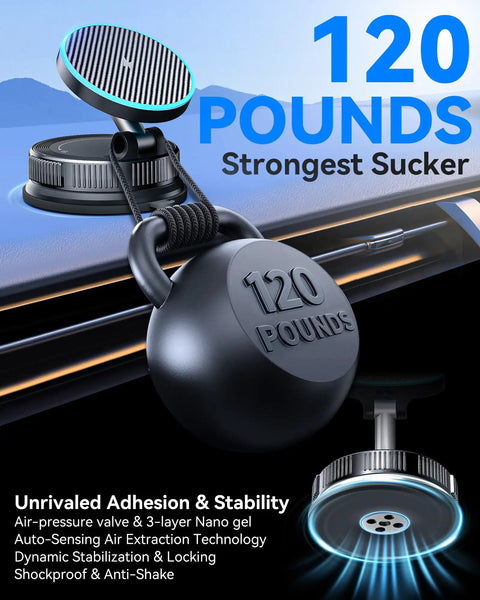 15W MagSafe Car Mount Charger With Vacuum Suction Cup And Nano Adhesive Base, shown with strong 120 pounds suction power feature