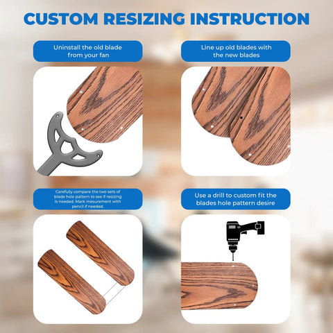 Custom resizing instructions for Oak And Walnut Finish 52 Inch Ceiling Fan Blade Replacement Set with installation guide.