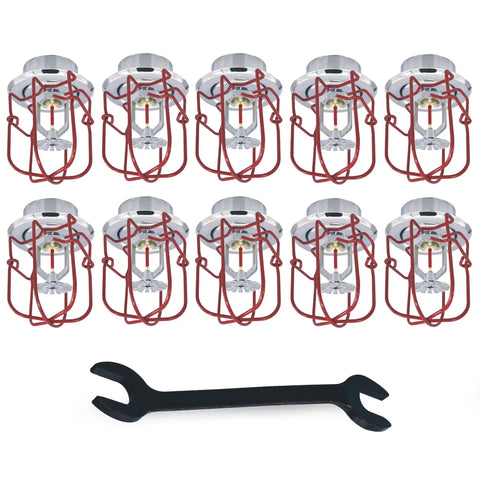 Pro Grade Chrome Fire Sprinkler Pendant Spray Kit Includes 10 Automatic Heads With 155F Glass Bulbs and wrench for installation.
