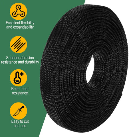 Expandable Braided Cable Sleeve Wire Loom Kit With PET Mesh Split Sheathing, black roll showing durability and flexibility features